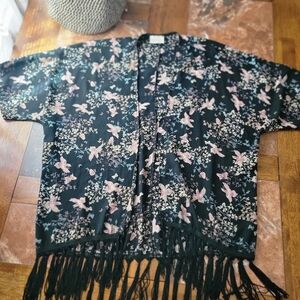 Small Fringe Kimono Boho Coverup Floral Bird